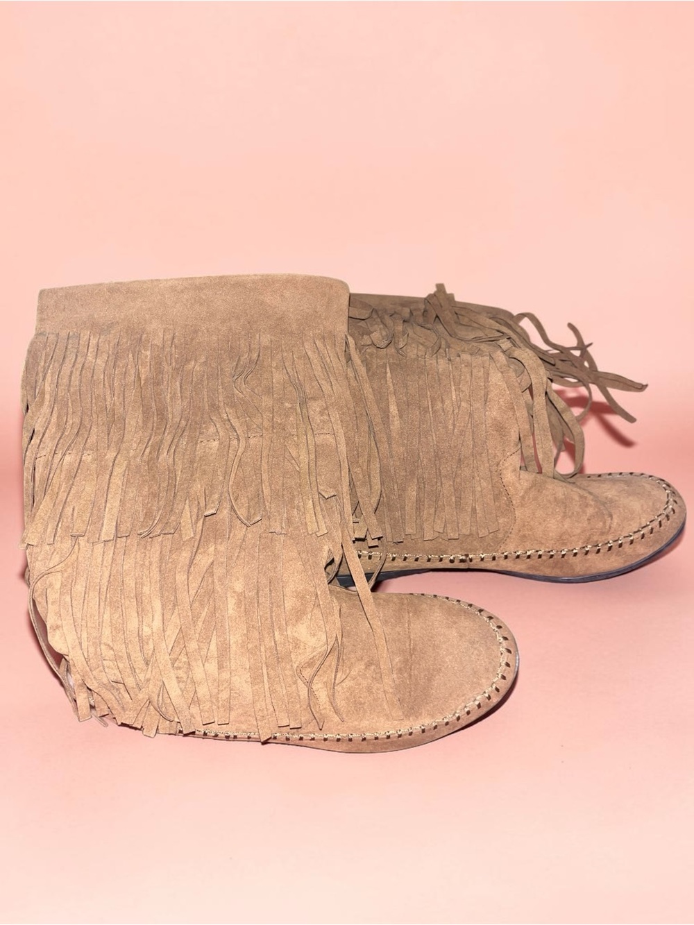 Fringe Suede Ankle Boots - Beige